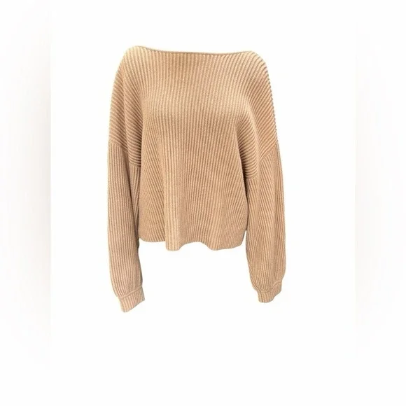 LUNYA Ribbed V Neck Balloon Sleeve Cropped Sweater Tan Size S - Picture 3 of 7